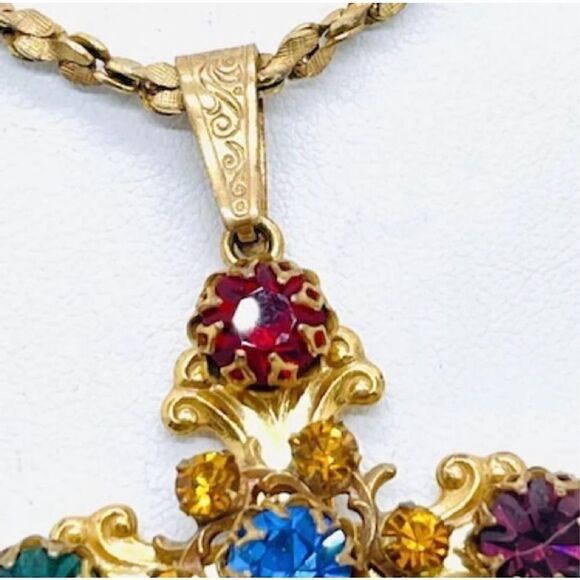 Miriam Haskell Vintage Jeweled Cross Pendant & Necklace - Picture 5 of 7